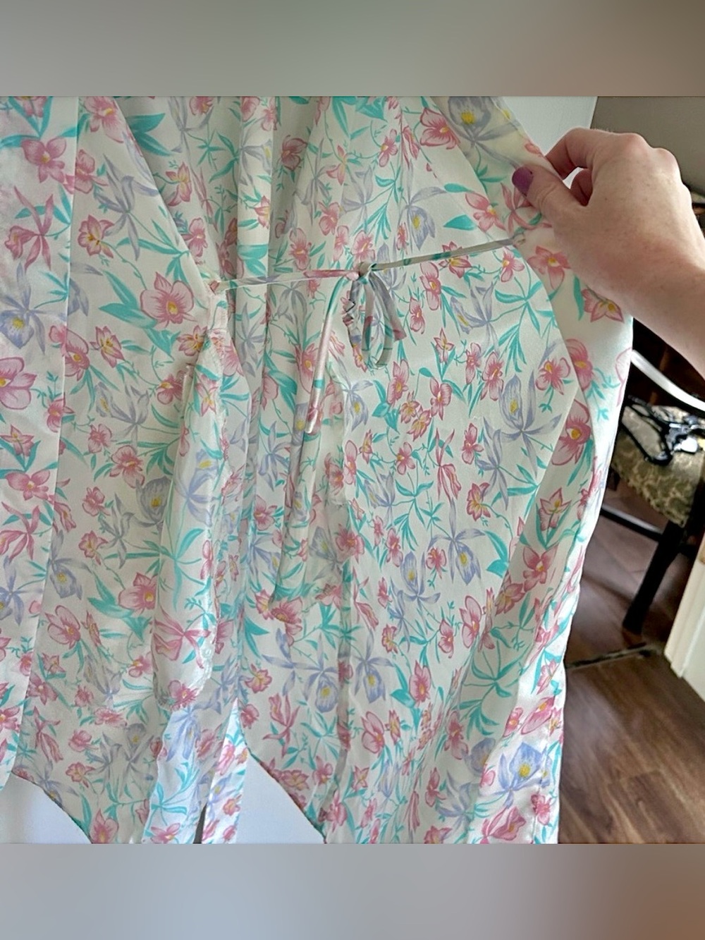 Vintage Pastel Botanical Satin Kimono Robe Cottagecore Whimsy Romantic Bridal OS - Picture 7 of 12